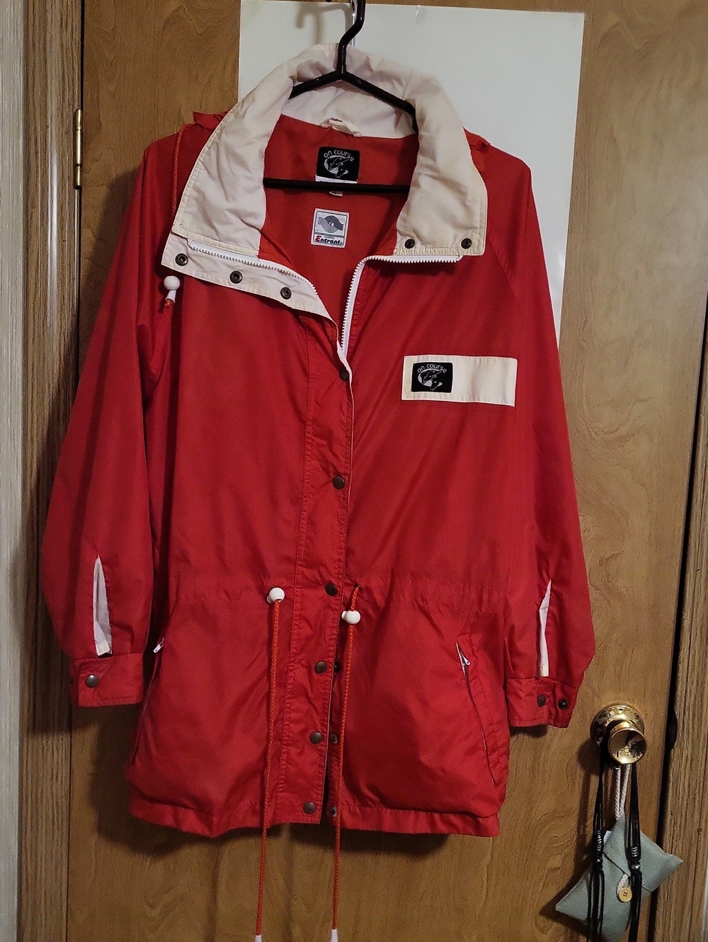 Classic Red Windbreaker Horseback Riding Jacket with Cream Trim Size L